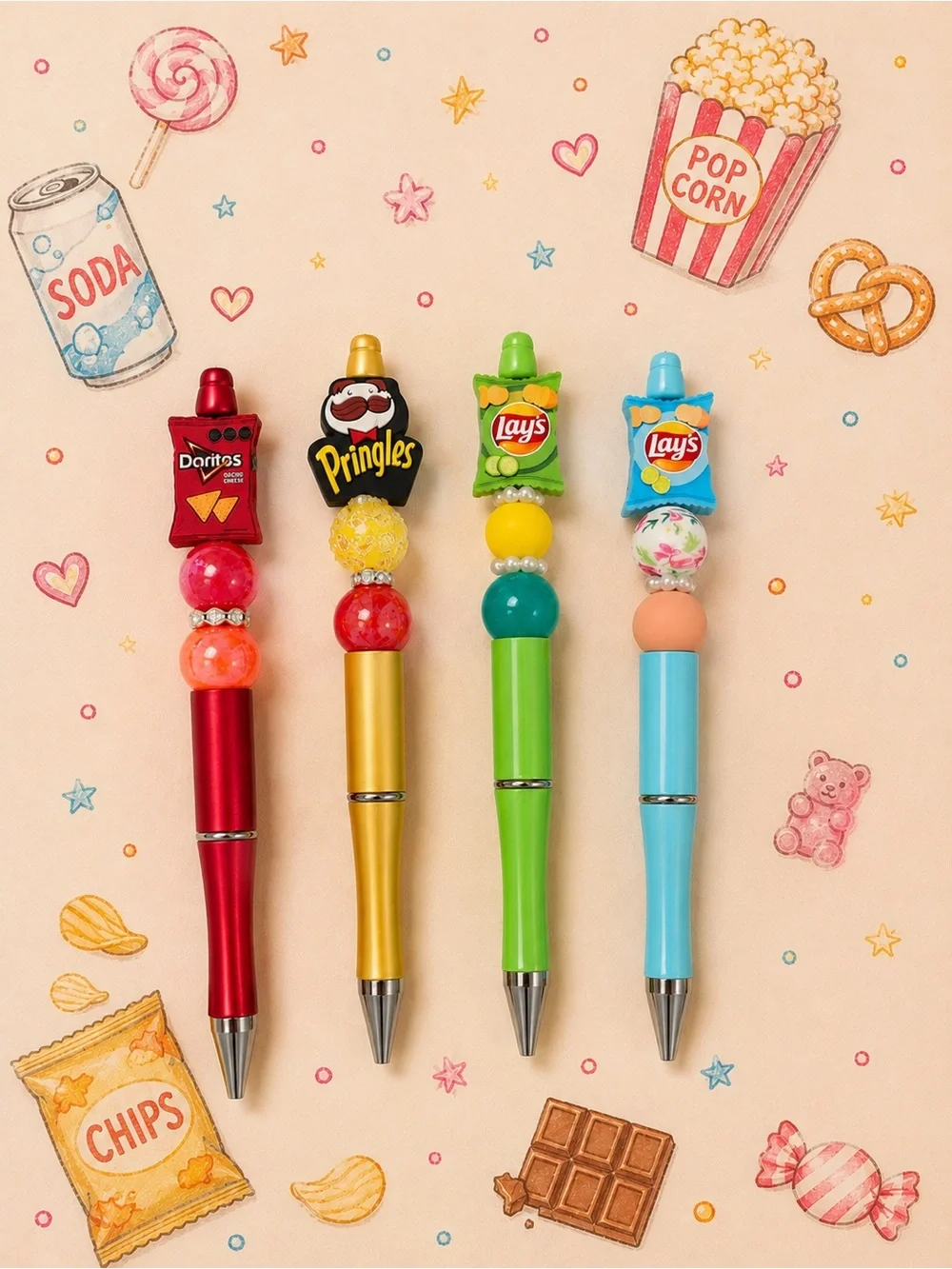 Set of 8 Candy & Snack Topped Ballpoint Pen Set - Colorful handmade